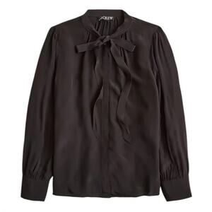J. Crew Tie Neck Top in Crepe de Chine Women Size 14 Black Long Sleeve Preppy